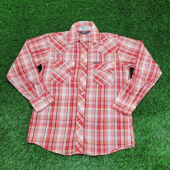 Vintage 80s Osh-Kosh Cowboy Plaid Shirt M/L 21x29 Pearl-Snap - Picture 1 of 12